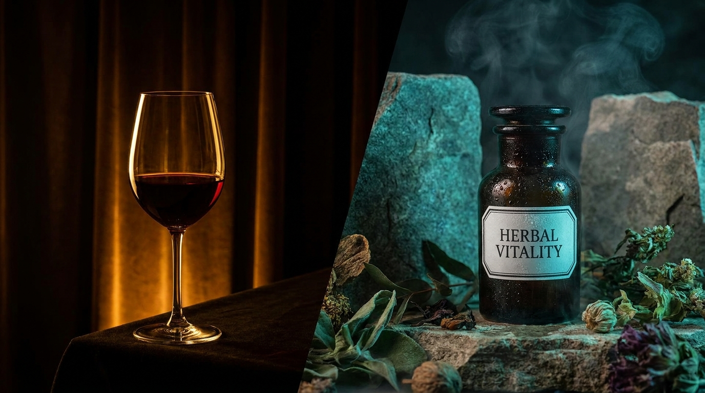 Wine glass contrasted with herbal shot bottle